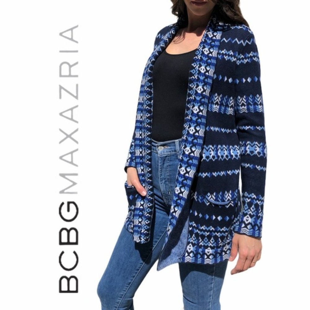 BCBGMaxAzria Women’s Size Small Blue Amur Jacquard Open Cardigan Sweater Casual
